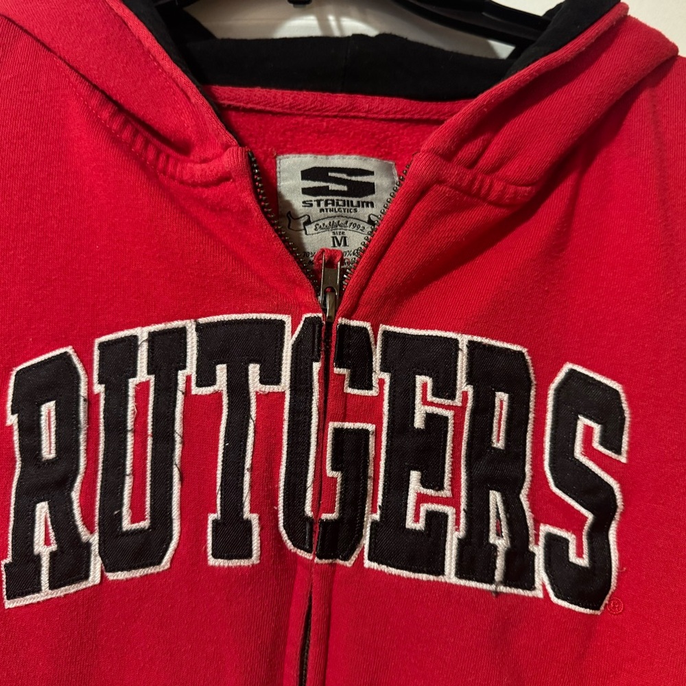 Rutgers Stadium Athletics Red Zip-Up Hoodie with Black Lettering - Picture 2 of 6